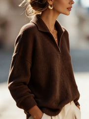 Coffee Brown Collared V Neck Knit Sweater