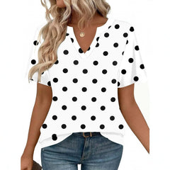 Color Block Vertical Stripe Split V Neck Short Sleeve Polyester Pullover Top