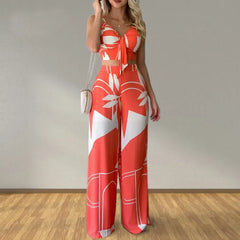 Geometric Print Tie Front Cami Top and High Waist Wide Leg Pants Set
