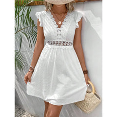 V Neck Eyelet Embroidery Ruffle Cap Sleeve Mini Dress