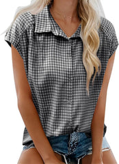 Casual Plaid Cap Sleeve Shirt Ladies Vintage Loose Fit Collared Blouse