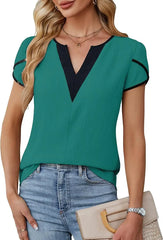 Color Block V Neck Textured Blouse Contrast Trim Casual Office Top