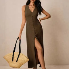 Sleeveless V Neck Button Front Split Midi Dress