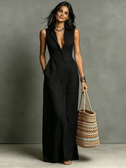 Sleeveless Collared Linen Shirt Maxi Dress