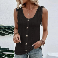 Solid Color Eyelet Embroidered Tie Shoulder Button Down Sleeveless Tank Top