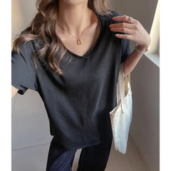 Solid Color V-Neck Dropped Shoulder Loose Fit T-Shirt