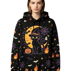 Halloween Black Cat Pumpkin Bat Moon Graphic Hoodie