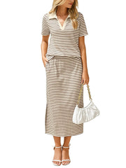 Striped Polo Neck Top and Midi Skirt Set