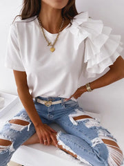 One Shoulder Ruffle Sleeve T-Shirt