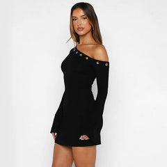 One Shoulder Button Bodycon Mini Dress