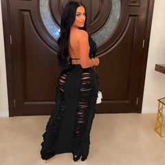 Black Fringe Halter Crop Top & High Waist Slit Maxi Skirt Two Piece Set