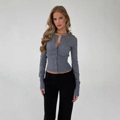 Y2K Button Front Crop Knit Top, Round Neck Long Sleeve Fitted Gray Sweater Cardigan