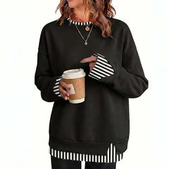 Fake Two Piece Sweatshirt, Black Base with Black White Stripe Cuff & Hem Detail
