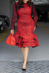 Abstract Print Waist-Cinching Mermaid Midi Dress