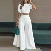 2 Piece Elegant Commuter Set, Puff Sleeve Crop Top & High Waist Wide Leg Pants