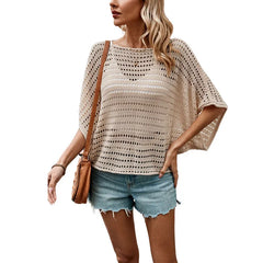 Boat Neck Batwing 5/4 Sleeve Hollow Perspective Knit Pullover Cover Up Top