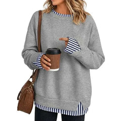 Fake Two Piece Sweatshirt, Black Base with Black White Stripe Cuff & Hem Detail