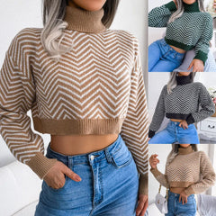 Turtleneck Chevron Striped Cropped Sweater