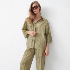 Printed Lapel 3/4 Sleeve Shirt & Wide Leg Long Pants Two Piece Casual Set