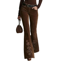 Retro High Waist Corduroy Flared Pants Floral Embroidery Western Cowgirl Bell Bottom Pants