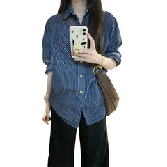 Blue Striped Patchwork Long Sleeve Loose Shirt