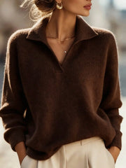 Coffee Brown Collared V Neck Knit Sweater