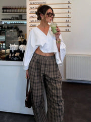 Plaid Elastic Waist Wide Leg Casual Pants