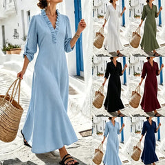 Light Blue Ruffled V-Neck Roll Tab Sleeve Maxi Dress
