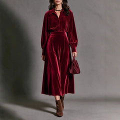 Purple Velvet Matching Set, Puff Sleeve Shirt and Flowy Midi Skirt