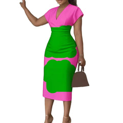 3D Stereoscopic Color Block Deep V-Neck Bodycon Midi Dress