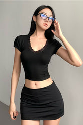 Lace V-Neck Short Sleeve Crop Top Tee