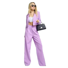 Solid Cropped Lapel Blazer & High Waist Wide Leg Pants Two Piece Suit Set