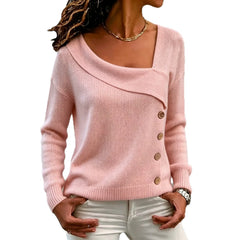 Asymmetric Neck Button Detail Knit Sweater Long Sleeve Loose Soft Pullover