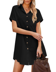 Casual Linen Shirt Dress Short Sleeve Button Down Mini Dress