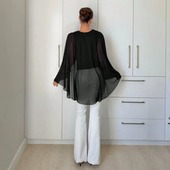 Black Chiffon Cape Sleeve Top | Lace Waist Cutout Cropped Blouse