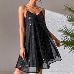 Black Sequin Chain Strap A-Line Mini Dress