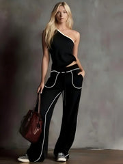 Contrast Piping One Shoulder Tank & Wide Leg Pants Two Piece Tracksuit Set