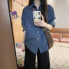 Blue Striped Patchwork Long Sleeve Loose Shirt