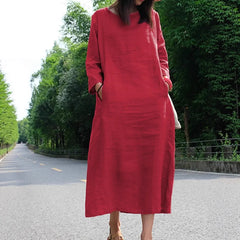 Loose Cotton Linen Round Neck Long Sleeve Maxi Dress Casual Pocket Campus Daily Commuter Dress