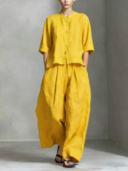 Linen Blend Two-Piece Set, Button-Down Top and Wide Leg Pants