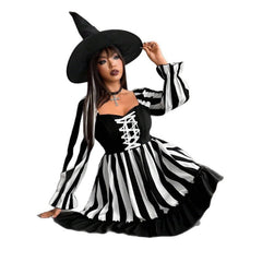 Halloween Beetlejuice Striped Dress, Goth Corset Front Puff Long Sleeve Flared Ruffle Short Dress