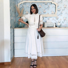 Lace Cutout Half Sleeve Crop Blouse & Midi Skirt Two Piece Set