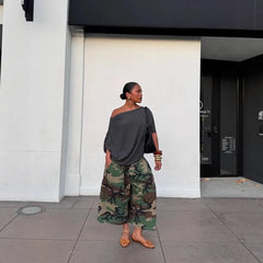 Vintage Camo Pleated Cropped Wide Leg Cargo Pants