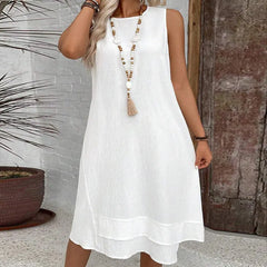 Round Neck Sleeveless Asymmetric Layer Hem Loose Linen Blend Casual Shift Dress