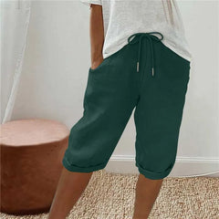 Cotton Linen Drawstring Waist Capri Pants,