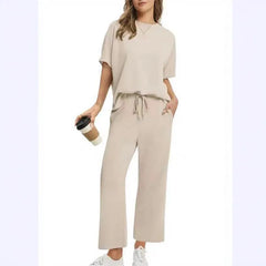 Solid Crew Neck Short Sleeve Top & Elastic Waist Wide Leg Pants