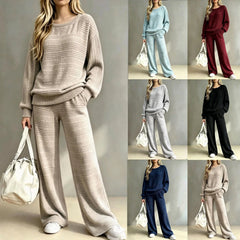 Cozy Striped Knit Matching Set, Long Sleeve Top + Wide Leg Trousers Casual Outfit