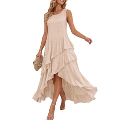 Sleeveless Irregular Ruffle Tiered High Low Maxi Dress