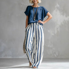 Solid Color Short-Sleeve Top & Striped Wide-Leg Pants Set