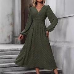 Deep V Neck Swiss Dot Midi Dress, Long Puff Sleeve Empire Waist Chiffon Party Dress